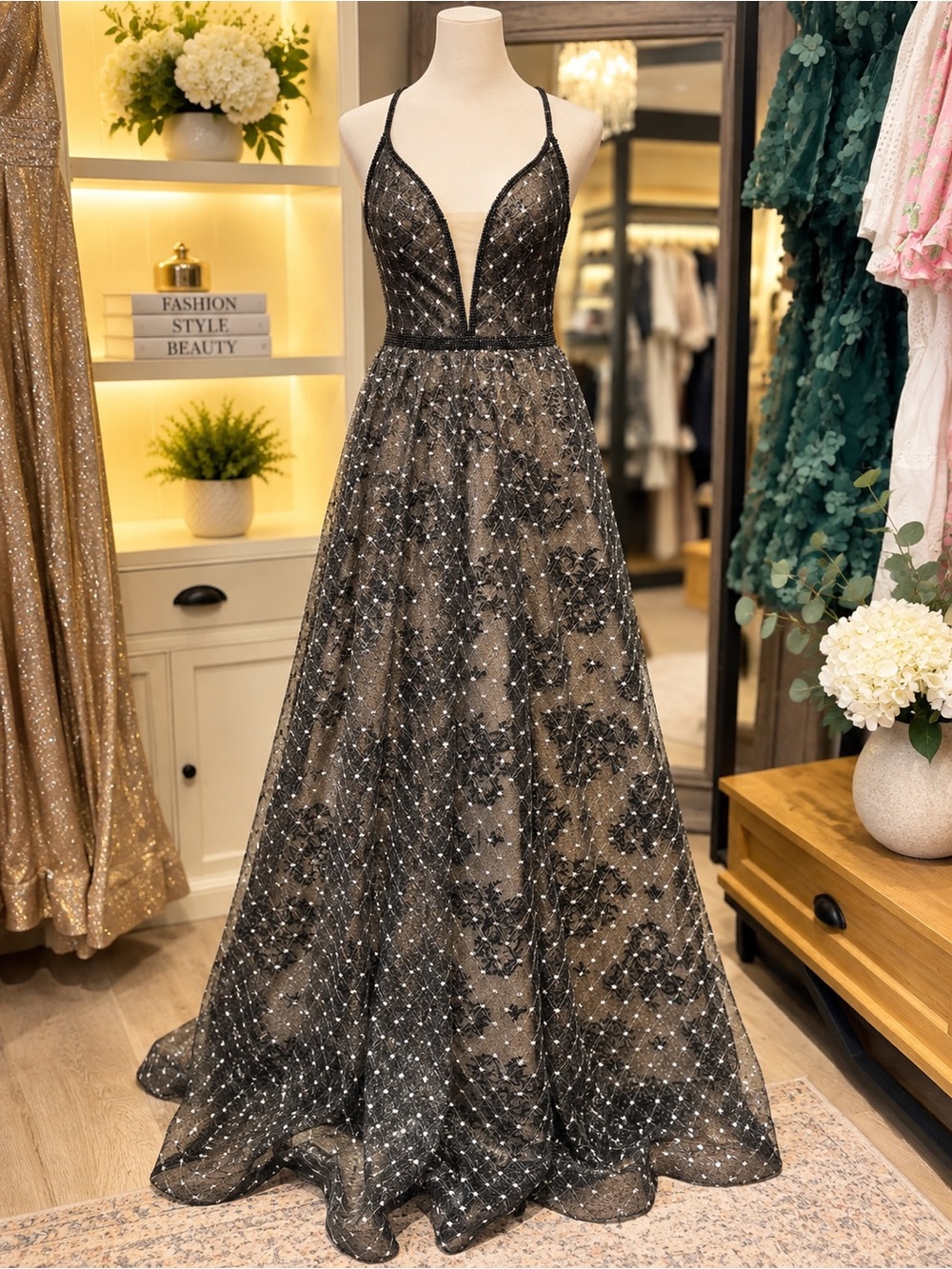 Cinderella Black Glitter Plunge A-Line Prom Dress